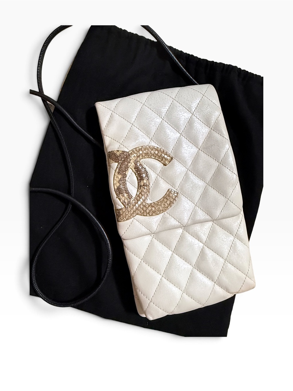 Auth CHANEL Ligne small Quilted white Leather Crossbody snakeskin CC Mark Y2K